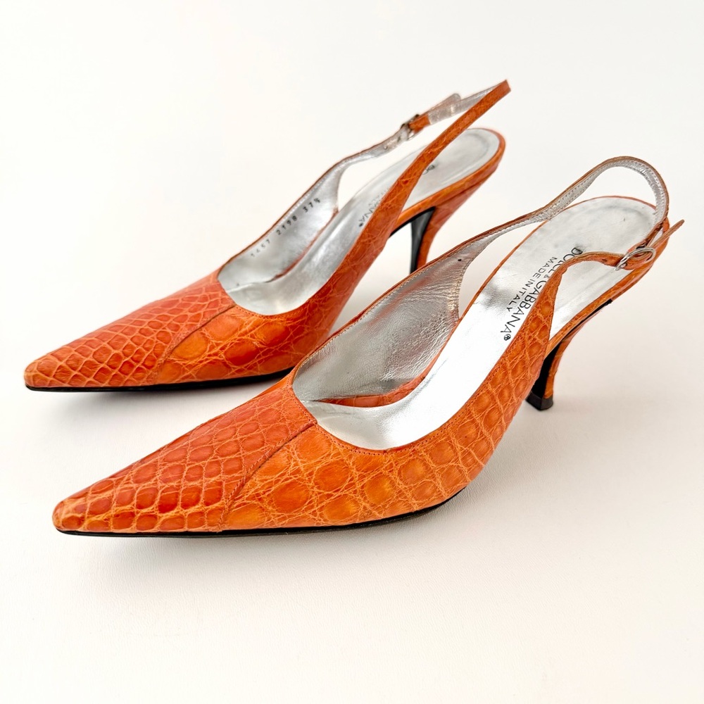 DOLCE & GABBANA | Orange Croc Embossed Slingback Kitten Heels EU 37.5 - Picture 3 of 13